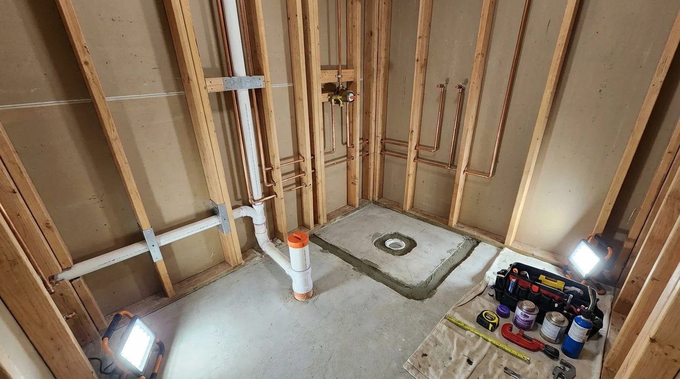 Bathroom rough-in plumbing during remodel by Johns Plumbing LLC in Barnstable