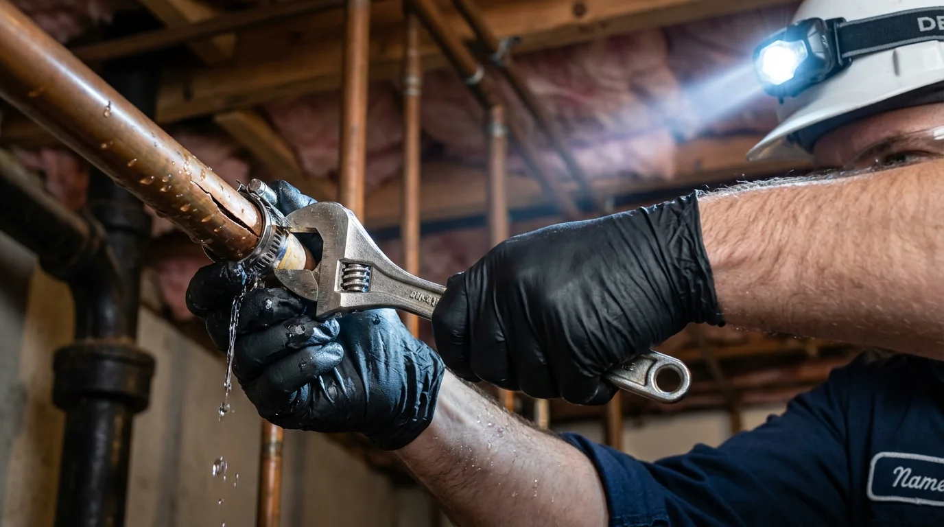Emergency pipe clamp repair being performed by a Johns Plumbing LLC plumber in Barnstable
