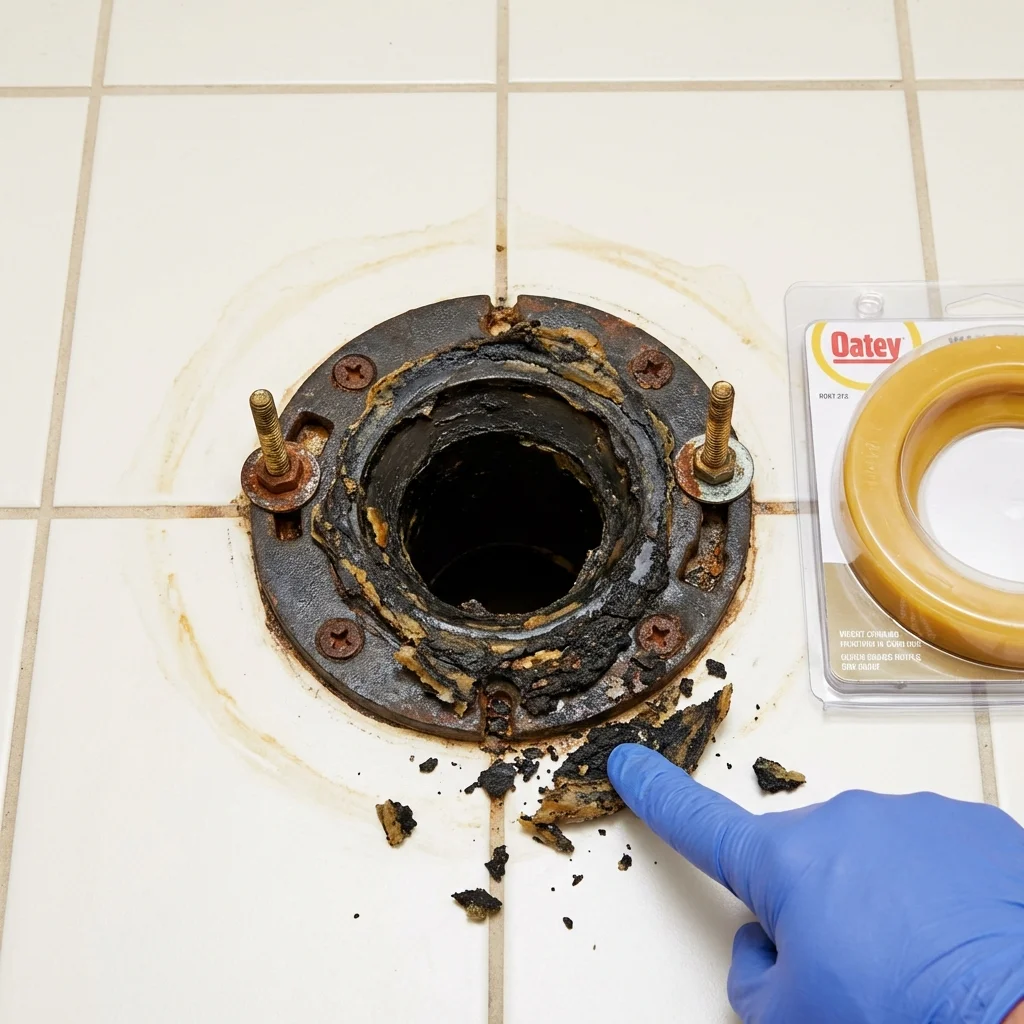 Failed wax ring showing water seepage at the base of a toilet in a Barnstable, MA home