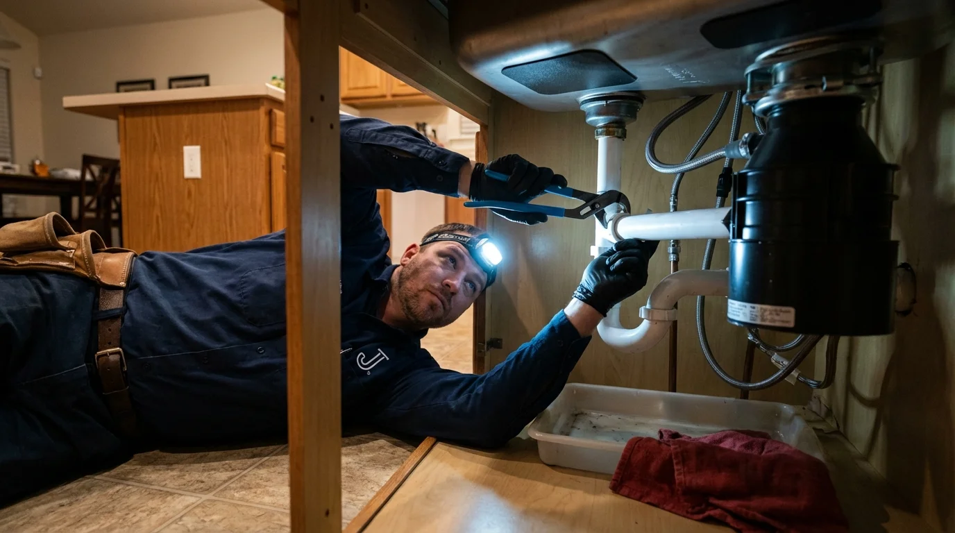P-trap and supply line connections under a kitchen sink showing a common leak point in Barnstable, MA